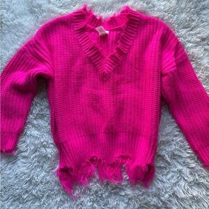 Main Strip Hot Pink Distressed V-Neck Sweater